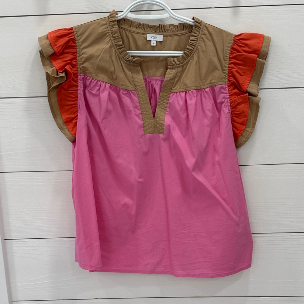 Vibrant Pink and Brown Ruffle Sleeve Blouse - Picture 1 of 2